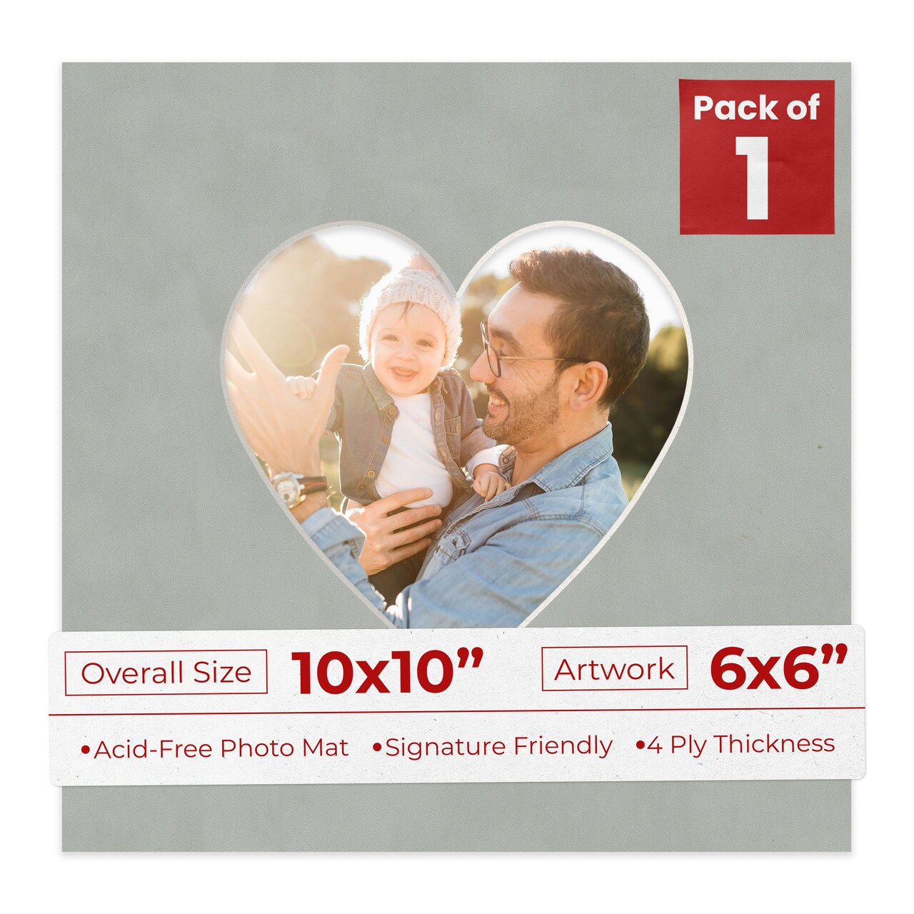 Light Grey Suede Mat Board for 10x10 Frames - Heart Opening for 6x6 Photos